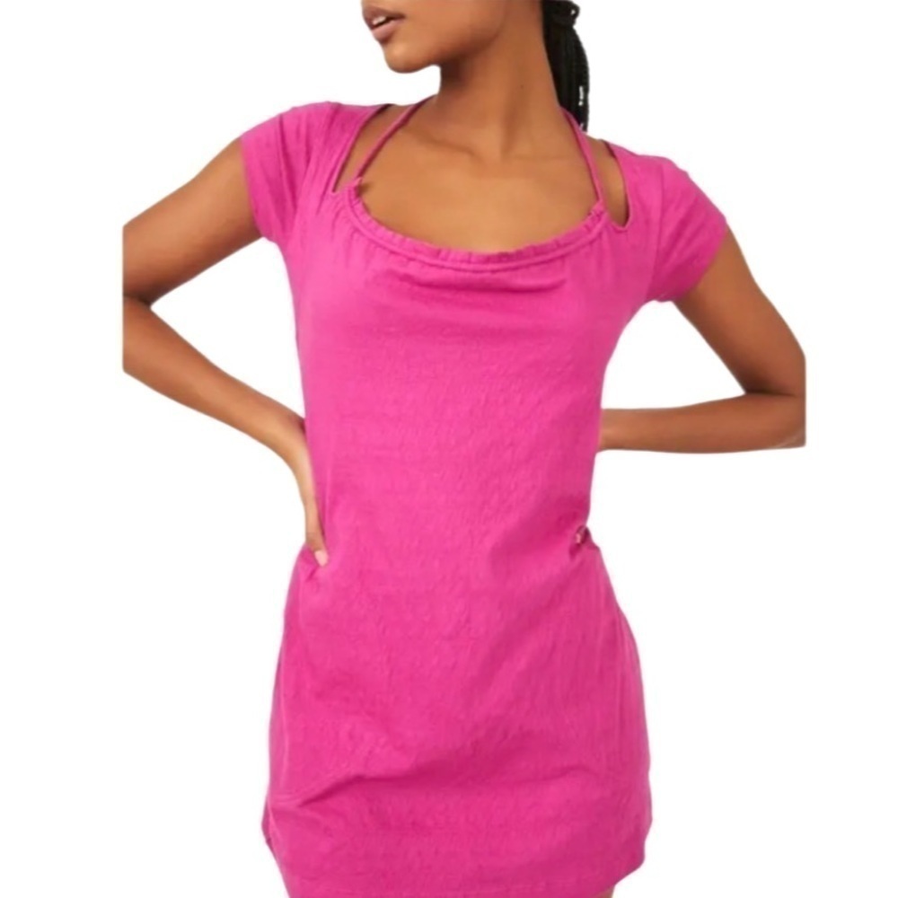 NWT FREE PEOPLE Beach Open Back Stretch Cotton Dress Raspberry Sherbet size XL